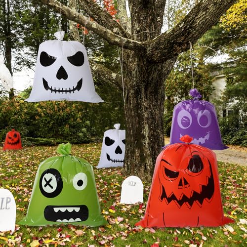 L7HWDP 4 Pcs Halloween Pumpkin Leaf Bags with Twist Ties, Fall Yard Leaf Trash Bags Halloween Goodie Bags Outdoor Party Favors Decorations