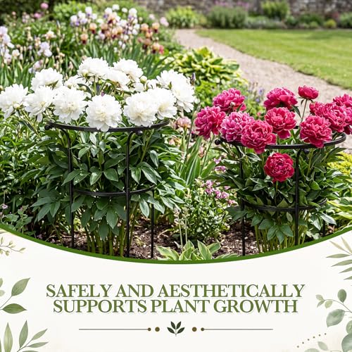 2 Pack Large Peony Cages and Supports, 26" H x 20" D Grow Through Plant Support Rings, Plastic Rings with Stainless Steel Stakes for Peonies, Roses Tomato Hydrangea Strawberry