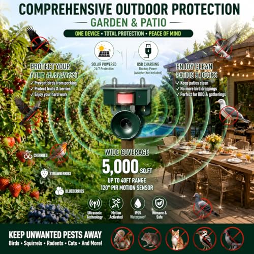 2026 Solar Ultrasonic Bird Repellent Devices Outdoor,Best Bird Deterrent for Pool,Pigeon Repellent for Balcony,Keep Crows Sparrows Starlings Out of Fruit Trees,Swimming Pool,Balcony,Patio,Roof