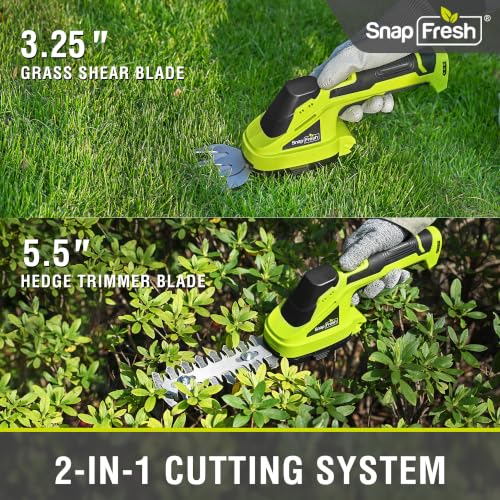 SnapFresh Cordless Grass Shear Bush Trimmer, 2 in 1 Handheld Hedge Trimmer, 7.2V Electric Grass Trimmers, Lightweight Shrubbery Trimmers Battery & Charger Included, Shrub Trimmer for Garden(Green) - color: Green