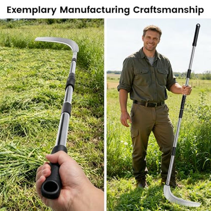 12.6'' Scythe Tool for Grass Cutting, 4 Stainless Steel Poles, Adjustable Dual-hand Grip, Professional-Grade Blade, for Clearing Bushes, Vines, Fields, Ditches, Paths, Landscaping, 67in, Silver.