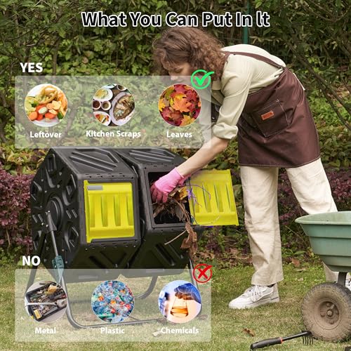 Compost Bin, 37-Gal Dual Chamber Composter Tumbler, Black Yellow