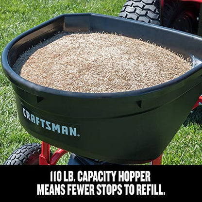 Craftsman Pull-Behind Lawn Broadcast Spreader for Seed, Fertilizer & Ice Melt, 110 lb Capacity with Universal Hitch, Made in USA