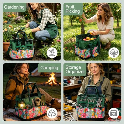 Hard Bottom Floral Garden Tool Tote Bag with Shoulder Strap - color: Green Floral