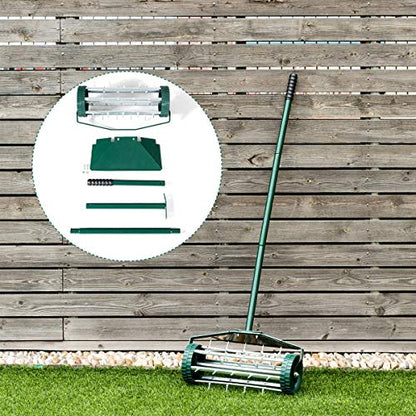 Goplus Rolling Lawn Aerator, 18-Inch Garden Yard Rotary Push Tine Heavy Duty Spike Soil Aeration, Manual Lawn Aeration Tool w/ 41-Inch Handle (Green w/Fender) - color: Green w/ Fender