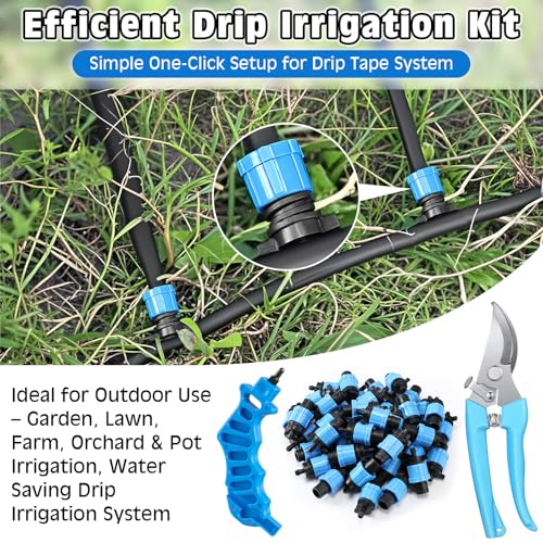 Feekoon Drip Irrigation Tool Kit, 50 Pcs Drip Tape Connectors, Drip Irrigation Tubing Hole Punch, Drip Tape Cutter,1/4 Barb Coupling Locking Fittings for 5/8 Drip Tape, Drip Tape Fittings