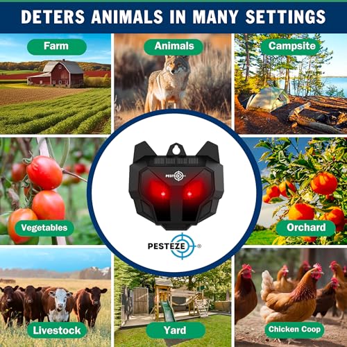 PESTEZE USA 2 Pack Solar Nocturnal Animal Repeller– Flickering Red Light Deters Deer, Coyote, Fox, Skunk, Raccoon, Rabbit & Birds; Reusable Predator-Eye Deterrent for Yards, Gardens & Livestock Safety