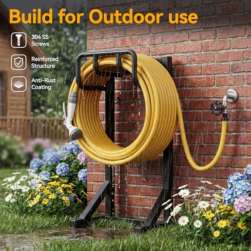 Garden Hose Holder Stand, Freestanding Heavy Duty Metal Hose Holder with Stable Base and Tool Hooks, Rustproof Water Hose Storage Rack for Outside Yard Lawn（2 Pack)