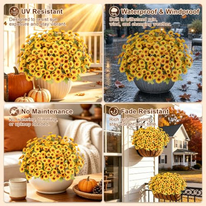 Fake Mums Artificial Fall Flowers for Outdoors Silk Daisy Bulk - color: Yellow
