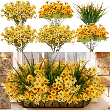 18PCS Artificial Fall Flowers Outdoors, UV Resistant Fake Mums with Grass - color: Yellow Daisies & Violets & Grass