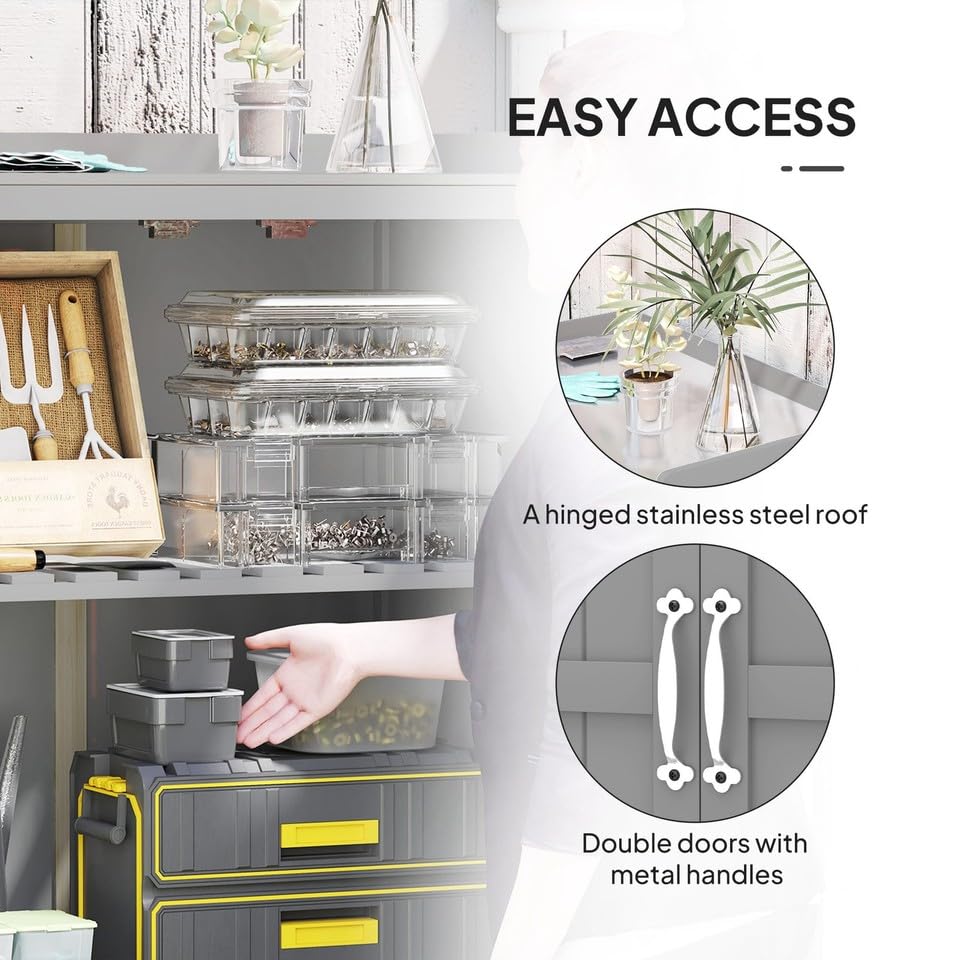Outdoor Storage Cabinet, Garden Tool Shed with Stainless Steel Tabletop and Shelf, Wooden Potting Bench with Double Doors, Gray