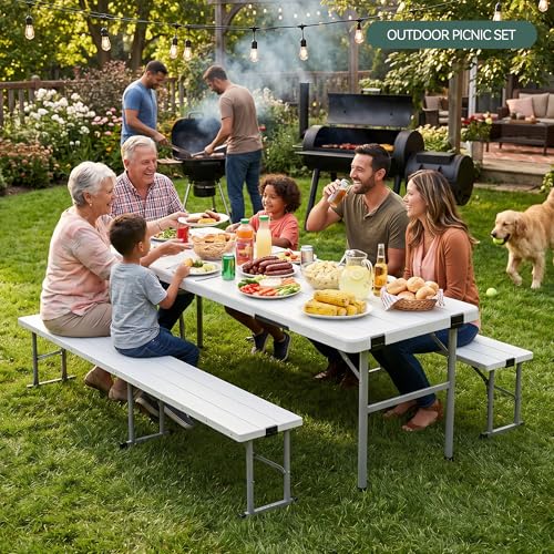 6FT Folding Table & Chair Set, Seats 6-8, Portable White - color: White