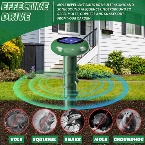Solar Powered Ultrasonic Mole Repellent,Outdoor Animal Repellent Effective Get Rid of Snake Skunk Vole Groundhog Chipmunk Squirrel,Yard Garden Spiral IP 65 Waterproof Sonic Spikes（6 Pack）