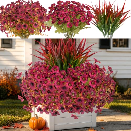 18 Pcs Artificial Fall Flowers for Outdoor, UV Resistant Fake Mums & Grass - color: Burgundy