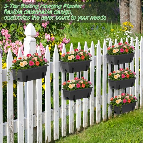 OYEAL Deck Railing Planter Boxes Set of 2 Over The Fence Planters Rail Hanging Planter Boxes with Adjustable Brackets, 6 Plastic Flower Boxes, Grey - color: Gray