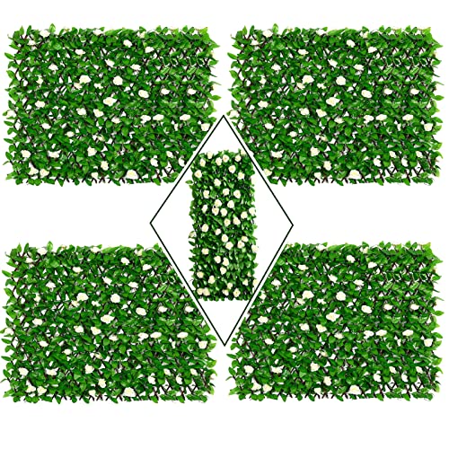 DOEWORKS Expandable Faux Ivy Trellis Fence, Patio Privacy Screen, 4 Pack - color: White Rose Greenery, size: 16 x 45 in, 4 Panel