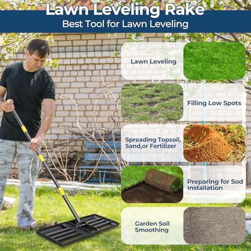 Lawn Leveling Rake 30"x10" for Lawn Care - 72" Extendable Stainless Steel Handle with Ergonomic Grip | Professional Grass Leveling Tool for Golf Courses, Soccer Fields, Backyard Turf Maintenance - size: 30x10", 72"