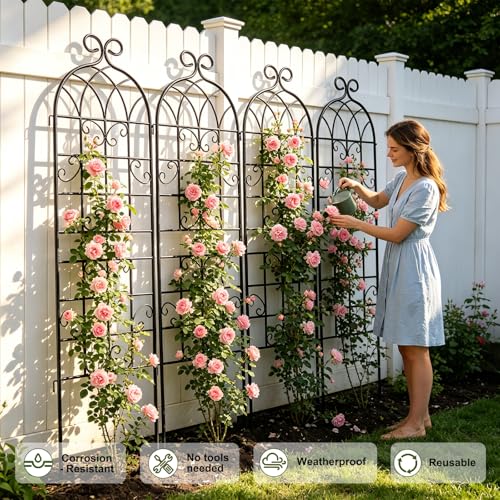 YOBAZAN 72x80in Rustic Iron Arch Decoration Garden Trellis with Black Metal Coating – Perfect for Supporting Climbing Plants Outdoor, Roses, Vines, Flowers, and Vegetables. - style: 4 Pack