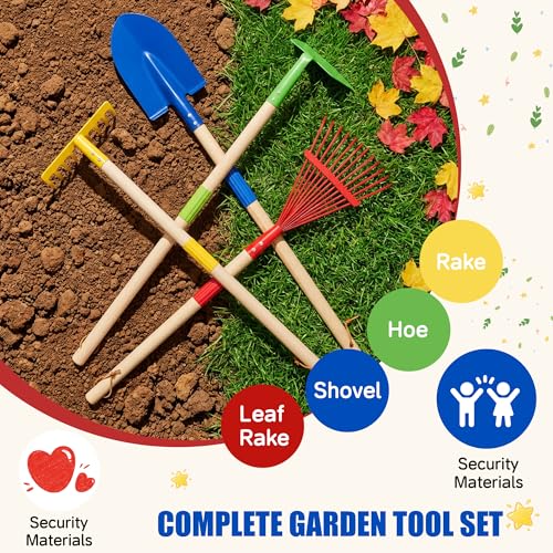 4-Piece Garden Tool Set with Shovel, Rake, Hoe, Leaf Rake - 2 Pairs of Gloves & 2 Storage Bags, Wooden Gardening Tools for Yard & Lawn Care