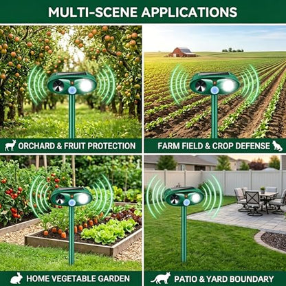 4Pack Upgraded Ultrasonic Deer Repellent for Plants Solar Animal Repellent Outdoor with Motion Sensor Strobe Light for Rabbit Cat Deterrent Raccoon Squirrel Fortress Pro Keep Deer Out of Yard Garden
