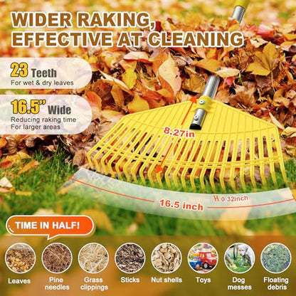 Leaf Rake - 16.5" Wide Nylon Plastic Head,65" Adjustable Handle,Heavy Duty for Leaves,Grass,Pine Needle,Mulch, Small Debris,Lawn-Friendly Tines,Lightweight for Women,Seniors & Kids - style: 65"