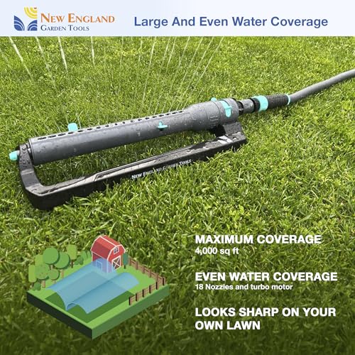 Turbo Oscillating Sprinkler 100003, Adjustable Sprinkler Spray Width & Range, Covers Up to 4,000 Square Feet, 18 Precision Nozzles for Even Watering, by New England Garden Tools
