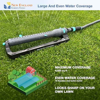 Turbo Oscillating Sprinkler 100003, Adjustable Sprinkler Spray Width & Range, Covers Up to 4,000 Square Feet, 18 Precision Nozzles for Even Watering, by New England Garden Tools