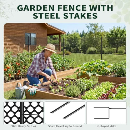 Plastic Chicken Wire Mesh Fence with Metal Stakes, 39.4in x 82ft - color: Black Diamond Grid