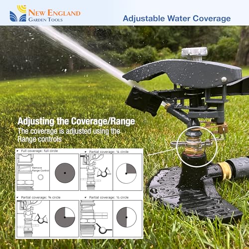 Heavy Duty Impact Pulsating Sprinkler 300004, Powerful Jet Reach 80 ft Diameter, 360° Range Control to Cover up to 5,000 Sq Ft for Farm, Lawn and Garden Irrigation, by New England Garden Tools