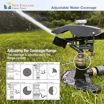 Heavy Duty Impact Pulsating Sprinkler 300004, Powerful Jet Reach 80 ft Diameter, 360° Range Control to Cover up to 5,000 Sq Ft for Farm, Lawn and Garden Irrigation, by New England Garden Tools
