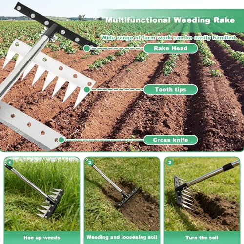 Weed Puller Tool with Long Handle, 3-in-1 Weeding Rake and Weed Remover Tool for Yard, Gardening Long Handle Weeding Tools, Stainless Steel Adjustable Handle, Ergonomic Grip