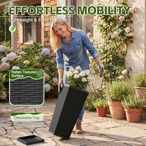 Devoko Resin 24'' Tall Planters, Large Taper Outdoor Planter - color: Black, size: 24" With Trays