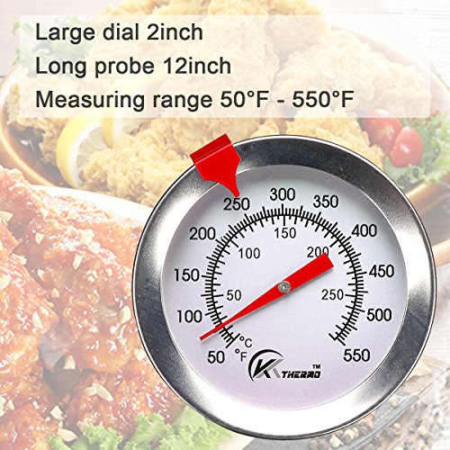 KT THERMO Candy/Deep Fry Thermometer with Instant Read,Dial Thermometer,12" Stainless Steel Stem Meat Cooking Thermometer,Best for Turkey,BBQ,Grill,Analog display - color: Silver 1-Pack