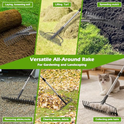 4FT Bow Rake,Heavy Duty Metal Garden Rake for Moving Gravel Loosening Soil Leveling Ground Gathering Leaf Debris Spreading Mulch, 17 Tines,Adjustable Handle, for Lawn Garden Farm Landscape Work - style: 49"