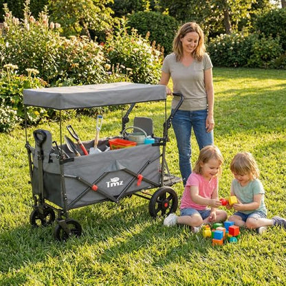 TMZ Collapsible Wagon with 2 Foldable Seats, Folding Cart with Removable Canopy, Heavy Duty Wagon 265LBS Load Capacity for Camping Garden Shopping (Grey) - color: Gray
