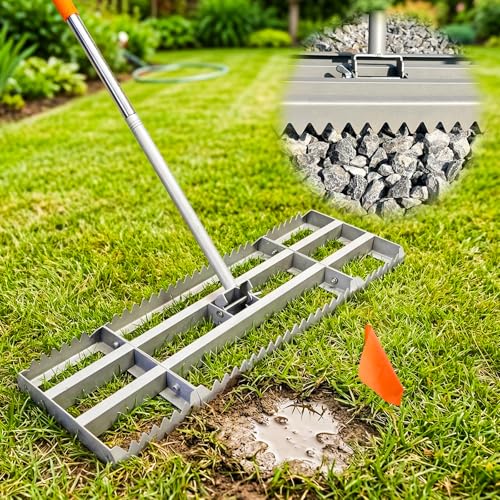 2-in-1 Lawn Leveling Rake, 20 Marking Flags for Low Spot,30"×10" Heavy Duty