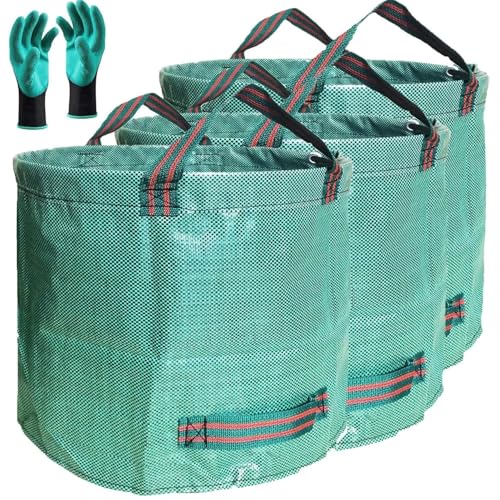 Professional 3-Pack 72 Gallon Lawn Garden Bags Big (D26,H30 in) Reusable Yard Waste Bags with Gardening Gloves for Leaf Bag,Lawn Clippings,Hedge Pruning,Tree Trimmings,Yard Debris,Weeds Bag 4 Handles