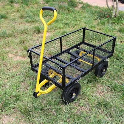 Metal Utility Wagon with 10" Solid Large Wheels 500 Lbs Capacity Heavy Duty Wheel Barrow Mesh Steel Garden Wagon Cart Dump Cart Pullable with 180° Rotating Handle Removable Sides (Black & Yellow) - color: Black & Yellow