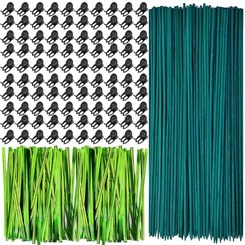 RONYOUNG 100 Pieces Green Bamboo Plant Stakes with 100 Pieces Orchid Clips and 100 Metallic Twist Ties for Supporting Stems Vines Stalks Grow Upright