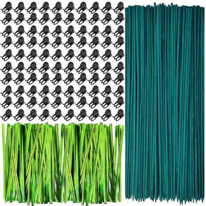 RONYOUNG 100 Pieces Green Bamboo Plant Stakes with 100 Pieces Orchid Clips and 100 Metallic Twist Ties for Supporting Stems Vines Stalks Grow Upright