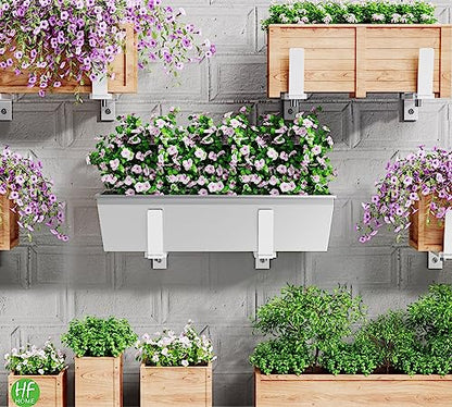 HFHOME 6 PCS Adjustable Planter Box Brackets (6 to 12.5 in), Universal Window Box Brackets, Heavy Duty Metal Flower Box Wall Mounting Hooks for Balcony, Fences, Patio, and Garden - White - size: Set of 6 - White