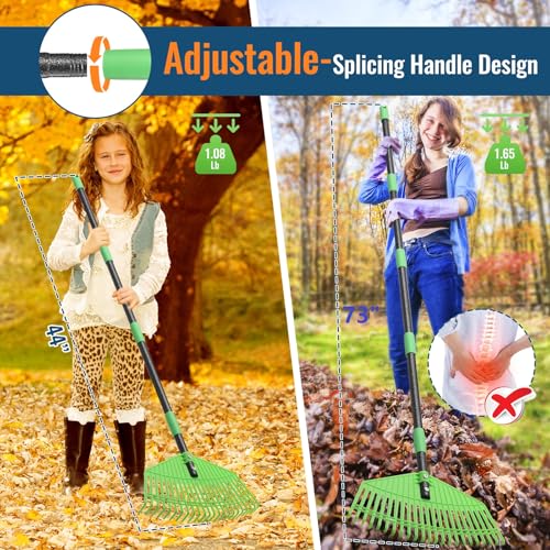 Plastic Leaf Rake with Adjustable 73'' Handle-Lightweight&Anti-Break Nylon Head,16.5'' Wide Yard & Garden Rake for Leaves, Grass, Pine Needles,Gentle On Lawn Garden-Easy to Use for Women,Seniors&Kids