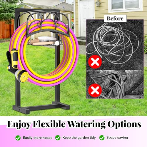 Garden Hose holder, 4-Spike Heavy Metal with Storage Basket, Arch - style: curved line with Storage Basket