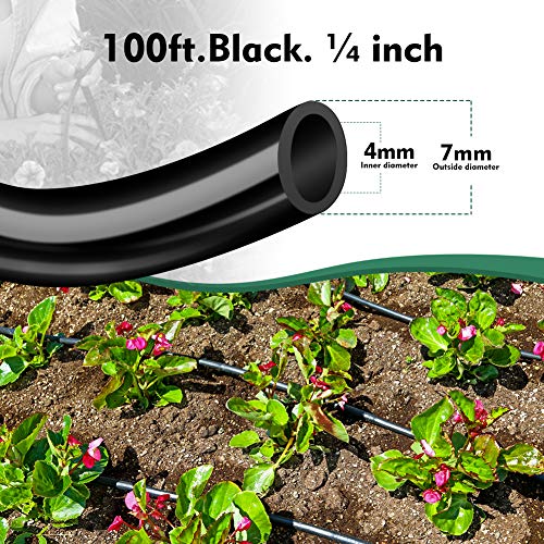 Bonviee 100FT 1/4” Drip Irrigation Tubing, 0.17” ID x 0.25” OD, Black - size: 100FT
