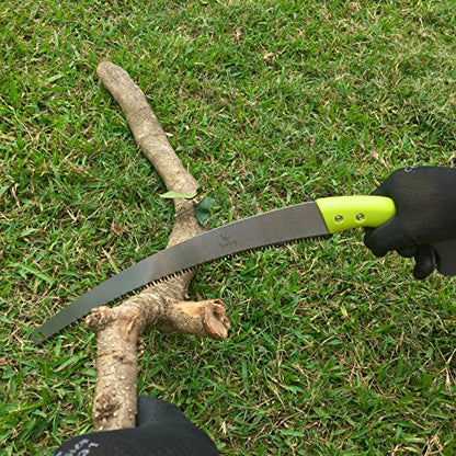 Professional Heavy Duty Pruning Saw (RAZOR SHARP 14" CURVED BLADE) Comfort Handle with Saw Blade Enclosure - Full-stroke Hand Saw with FREE Garden Gloves (Lemon-green)