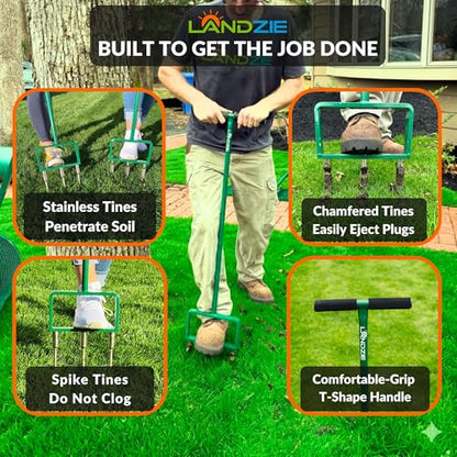 Landzie - Lawn Aerator Tool 42" Set, Hollow & Spike Tines - size: Hollow + Spike Tine Aerator