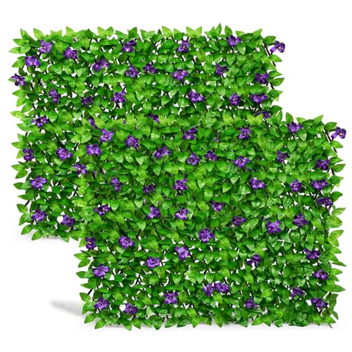 DOEWORKS Expandable Faux Ivy Trellis Fence, Patio Privacy Screen, 2 Pack - color: Purple Flowers, size: 16 x 45 in, 2 Panel