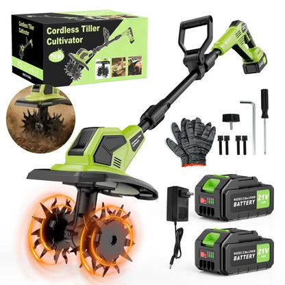 Cordless Tiller Cultivator, 21V Lightweight Tiller for Gardening with 2 * Batteries, Brushless Electric Tiller with 48 Steel Tines, 400RPM, 9.5" Tilling Width, 7" Depth for Gardening, Soil Turning