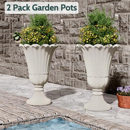Tall Plastic Urn Planters and Pedestal - 24" Outdoor Planter Beige - color: White-petal