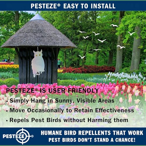 PESTEZE USA Owl Bird Repellent Holographic Decoy with 2 Bells [9 x 15 inch] to Deter Woodpeckers, Pigeons, Crows, Ducks, Geese & Critters Using Reflective Scare Patterns for Humane Property Protection